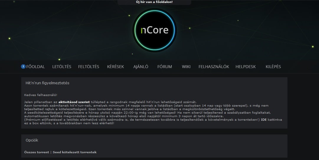 nCore regisztráció - bejelentkezés utáni kezdőoldal