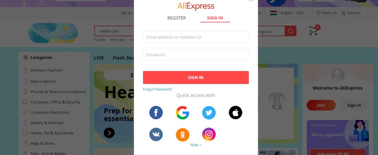 AliExpress belépés, AliExpress bejelentkezés oldala