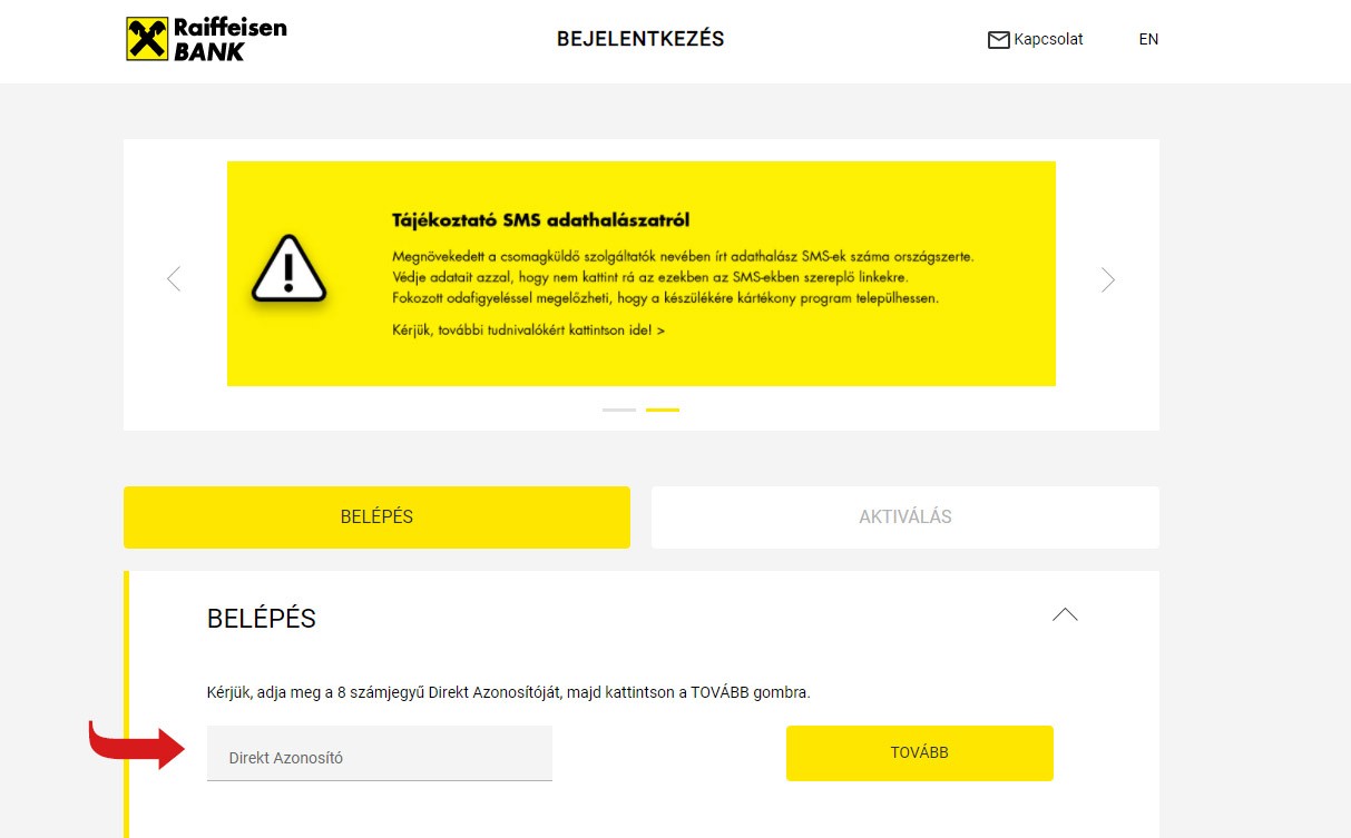 A DirektNet azonosító megadása a Raiffeisen Bank online bejelentkezési felületén