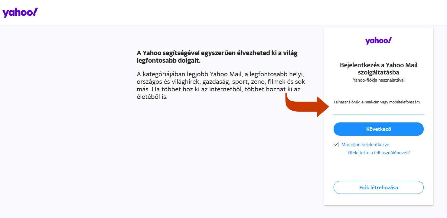 A Yahoo! Mail online lvelezőrendszer belépési oldal kezdőképernyő képe