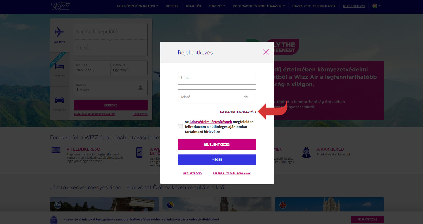 Wizz Air weboldal - elfelejtett jelszó kérése