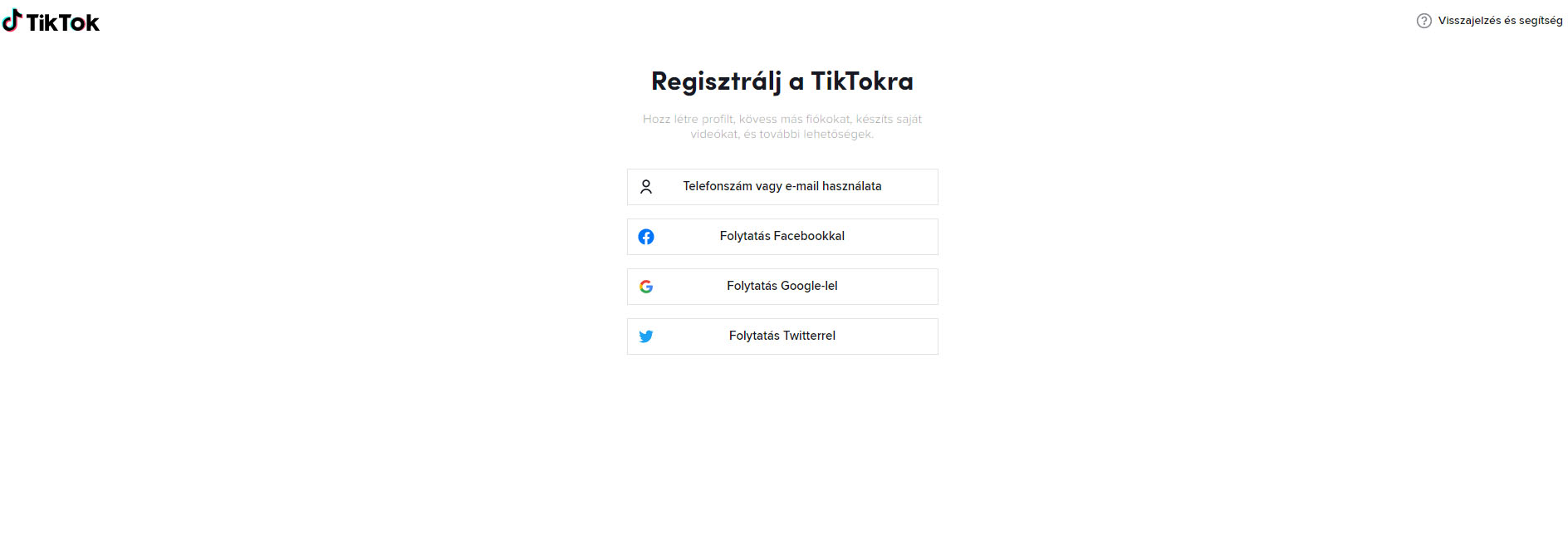 TikTok regisztrációs folyamat