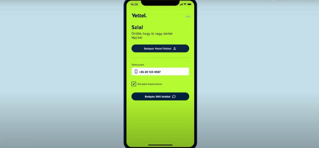 Yettel mobil applikáció belépési képernyő