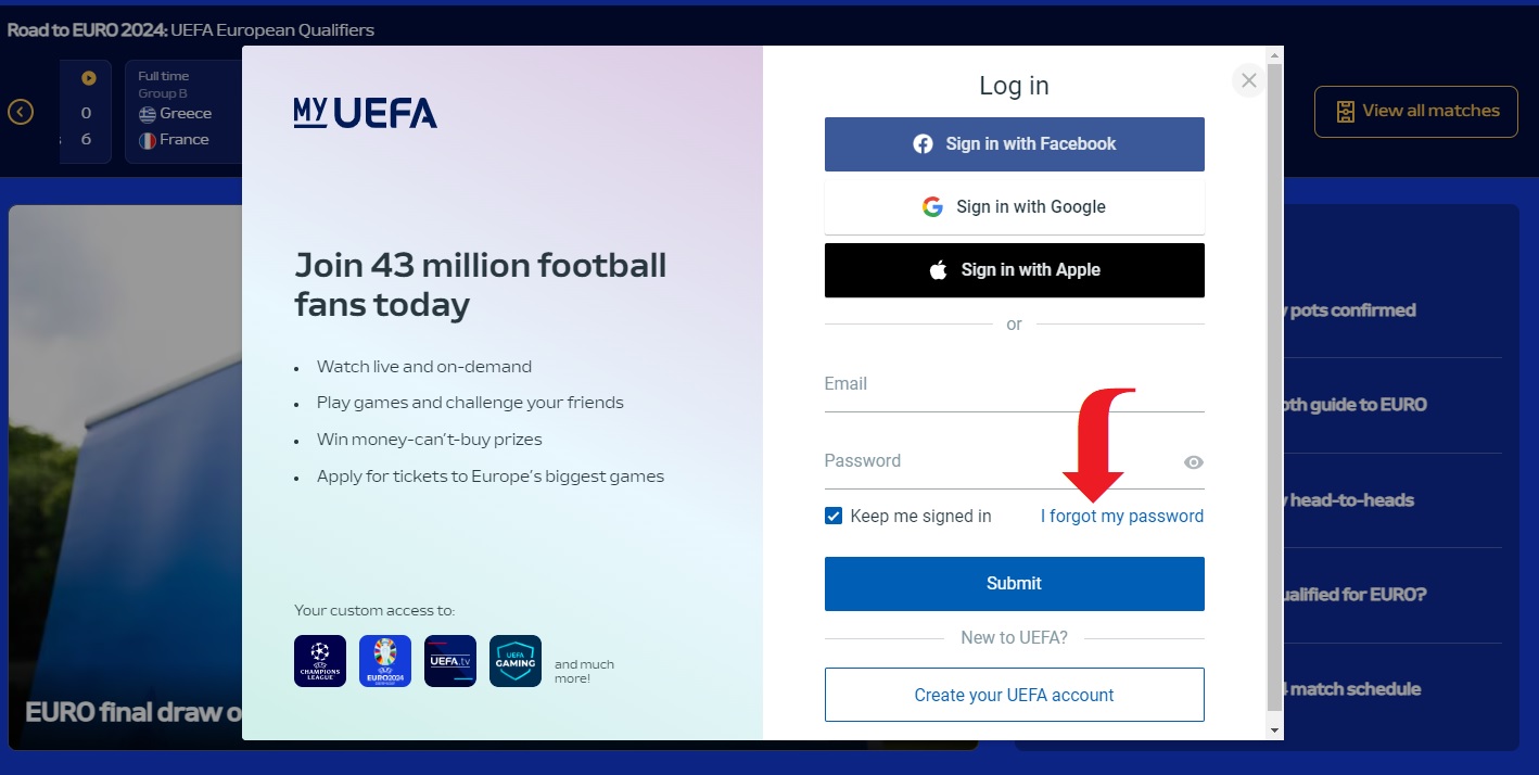 Új jelszó beállítása UEFA fiókhoz