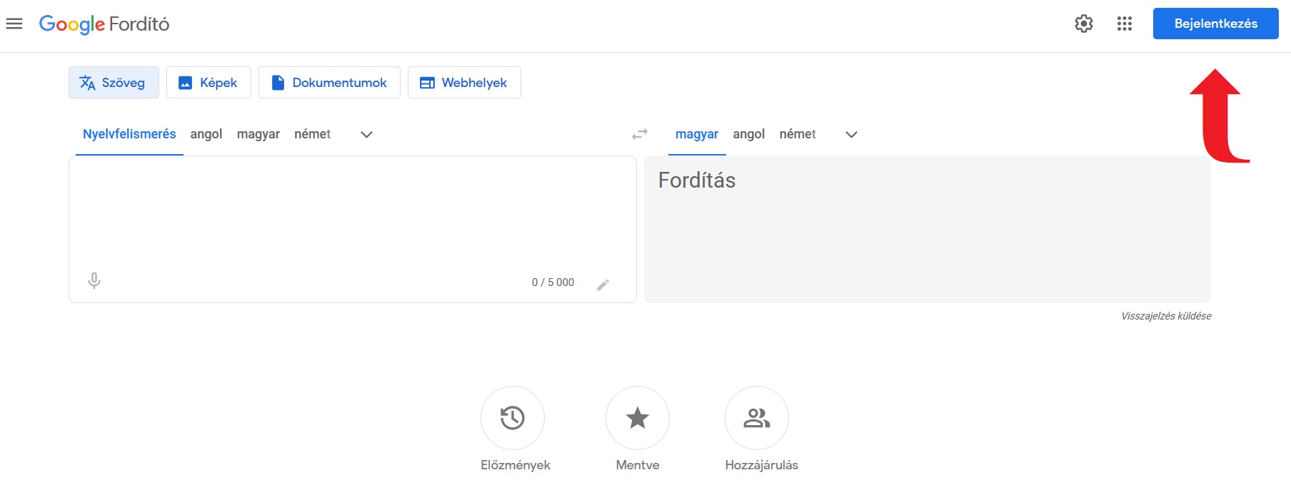 A Google Translate kezdőoldala, Google Fordító belépés